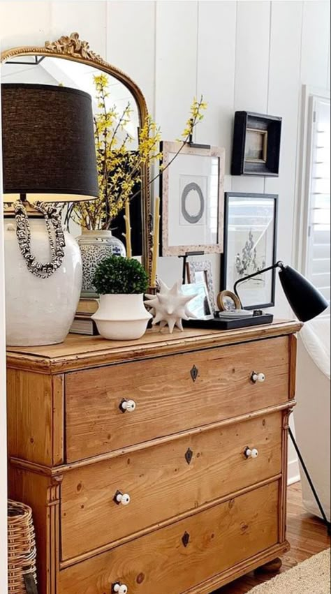 Entryway Dresser Ideas Front Entry, Antique Dresser In Living Room Entryway, Vintage Dresser In Entryway, Decorating Top Of Dresser, Antique Dresser Entryway, Antique Dresser With Mirror Entryway, Entryway Dresser, Antique Wooden Dresser With Mirror, Dresser Styling