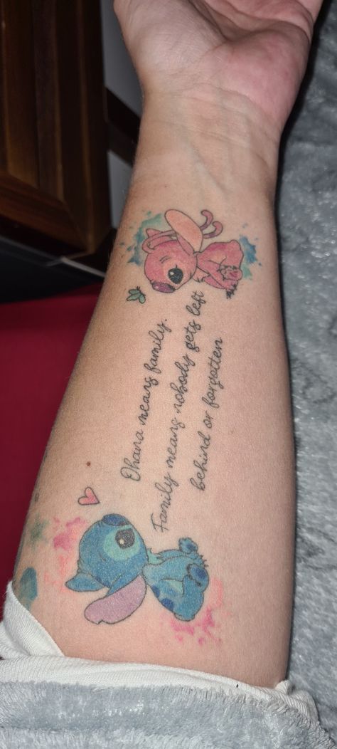 Angel From Lilo And Stitch Tattoo, Ohana Means Family Tattoo Ideas, Stitch Family Tattoo, Stitch Tattoo Ideas Small Simple, Stitch Tattoo Ideas Ohana, Angel Stitch Tattoo, Stitch Angel Tattoo, Stitch And Angel Tattoo Couple, Ohana Tattoo Ideas For Women