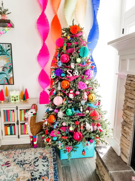 Colorful Christmas home tour - 804 Sycamore Diy Christmas Decorations Colorful, Retro Colorful Christmas, Whimsical Outdoor Christmas Decor, Colorful Holiday Decor, Christmas Tree Pastel Colors, Christmas Decor Ideas Colorful, Maximalist Christmas Tree, Bright Colored Christmas Tree, Colorful Christmas Mantle