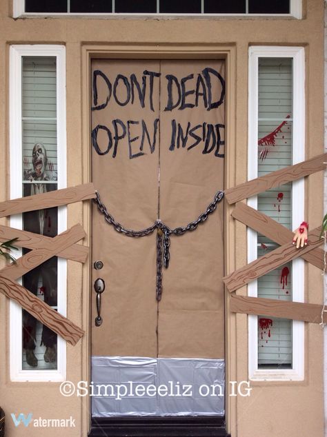 Walking Dead Party Theme Door. Zombie Party Must. Twd Halloween Decor, Twd Themed Party, Twd Birthday Party, The Walking Dead Birthday Party, Walking Dead Birthday Party, Walking Dead Birthday, Zombie Themed Party, Haunted Trail Ideas, Zombie Halloween Party