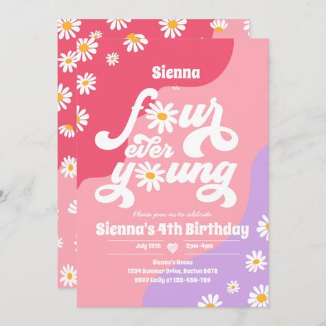 Four Ever Young 4th Birthday Party Boho Daisy Invitation Four Birthday Party Theme, Fourever Young Birthday Party Girl, 4 Ever Young Party Theme Girl, Four Year Old Birthday Theme Girl, Four Ever Young Party Theme Girl, Forever Young Birthday Party, 4year Birthday Party Ideas, Fourth Birthday Theme Girl, 4ever Young Birthday Party