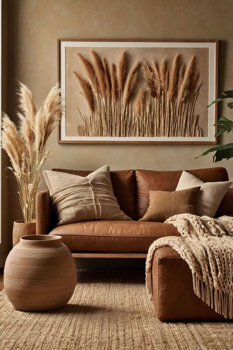 Boho living room with leather sofa, neutral pillows, knit throw, pampas grass, and botanical artwork for cozy and stylish decor Pampas Grass Decor Living Room, Warm Boho Living Room, Earthy Living Room, Sofa Soft, Pampas Grass Decor, Cozy Boho, Neutral Pillows, Boho Living Room Decor, Botanical Artwork