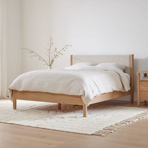 Tattoo Modern, Simple Bed Designs, Modern Upholstered Beds, West Elm Bedding, Minimalist Bed, Oak Beds, Wood Bed Frame, Simple Bed, Contemporary Bed