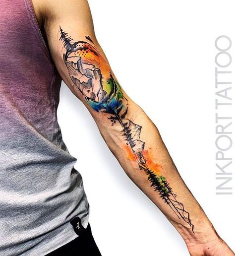 Tattoo Christian, Watercolor Tattoo Sleeve, Stag Tattoo, Nature Tattoo Sleeve, Geometric Sleeve Tattoo, 3d Mapping, Tattoo Inspiration Men, Cool Forearm Tattoos, Pieces Tattoo