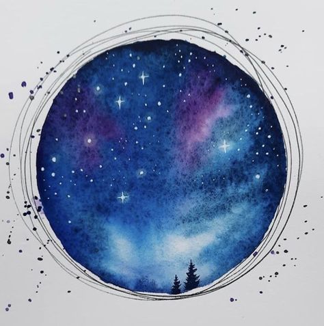 Circular Watercolor Paintings, Round Watercolor Paintings, Outer Space Watercolor, Galaxy Watercolor Painting, Earth Watercolor, Watercolor Earth, Circle Watercolor, Watercolor Night Sky, Moon Watercolor