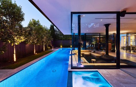 Swimming Pool House Featuring a Sunken Living Room | Home Design Lover Backyard Pool Design, Moderne Pools, Indoor Pool Design, Pool Room, Bali House, Sunken Living Room, Swimming Pool House, Modern Pools, Building A Pool