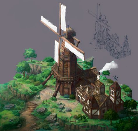 windmill, Hyun Lee on ArtStation at https://www.artstation.com/artwork/aEgk9 Sawmill Concept Art, Fantasy Windmill, Medieval Windmill, Windmill House, Environment Props, Isometric Art, Animation Art Character Design, Building Art, Fantasy House