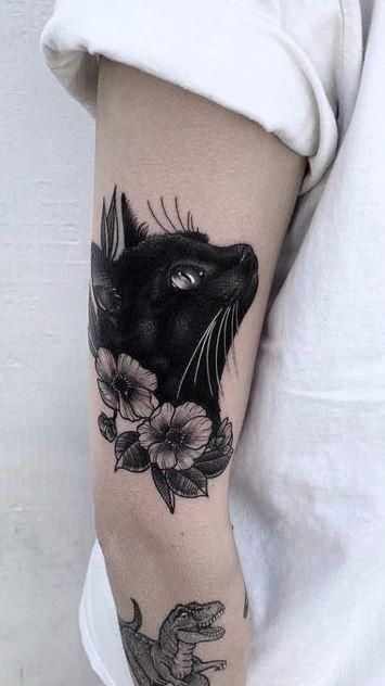 Dark Cat Tattoo Design, Black Cat Sleeve Tattoo, Black Cat Arm Tattoo, Gothic Black Cat Tattoo, Nature Tattoo Cover Up, Cat With Books Tattoo, Black Cat Tattoos For Women, Black Cat Memorial Tattoo, Black Tattoos Cover Up