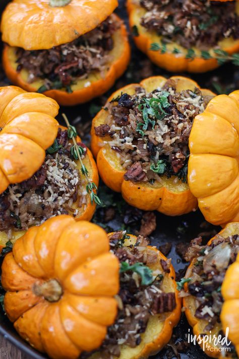 Sausage, Rice, and Cranberry Mini Stuffed Pumpkins | inspiredbycharm.com Stuffed Mini Pumpkins, Pumpkin Sausage Pasta, Stuffed Pumpkins, Pumpkin Recipes Dinner, Sausage Rice, Stuffed Pumpkin, Thanksgiving Food Sides, Vegan Pumpkin Recipes, Pumpkin Pasta