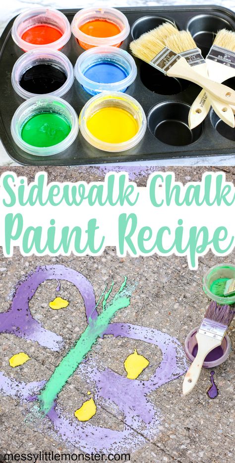 Homemade sidewalk chalk paint recipe. A fun and easy outdoor art idea for kids. Messy Outdoor Art For Kids, Messy Outdoor Activities For Kids, Outdoor Painting For Kids, Outdoor Art Projects For Kids, Outdoor Crafts For Kids, Paint With Baking Soda, Sidewalk Chalk Paint Recipe, Homemade Sidewalk Chalk, Sidewalk Chalk Paint