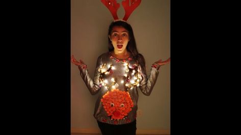 This is a guide to making a DIY light-up Christmas sweater. Learn how to make your own light-up Christmas sweater with this easy step-by-step tutorial. Light Up Christmas Outfit, Christmas Sweater With Lights, Light Up Christmas Sweater, Diy Christmas Shirts, Ugly Christmas Tree, Diy Christmas Sweater, Light Up Costumes, Diy Ugly Christmas Sweater, Diy Christmas Lights