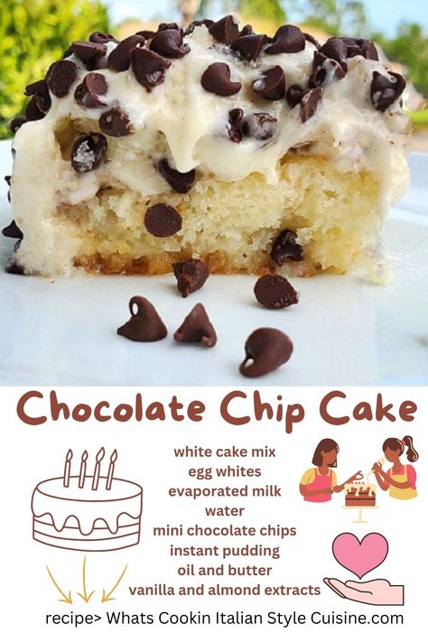 Chocolate Chip Cake Cake Mix With Chocolate Chips, Chocolate Chip Cake Recipe, Cake Mix Doctor, Cake Mix Cupcakes, Frosting Ideas, Doctor Cake, Fluffy Frosting, Chocolate Poke Cake, Cake From Scratch