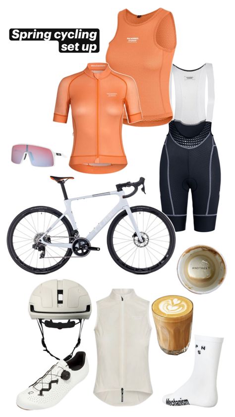 Spring women’s cycling outfit. Pas normal studios cream gilet. Pas normal studios peach jersey. Pas normal studios mechanism shorts. Oakley sunglasses. Flat whites. Cube agree bike. Pas normal studios peach base layer. Sweet protection falconer cream helmet. Quoc escape cycling shoes. Pas normal studios white socks. Cycling Aesthetic, Cream Gilet, Cycling Girl, Pas Normal Studios, Pas Normal, Biking Outfit, Sport Inspiration, Cycling Gear, White Socks