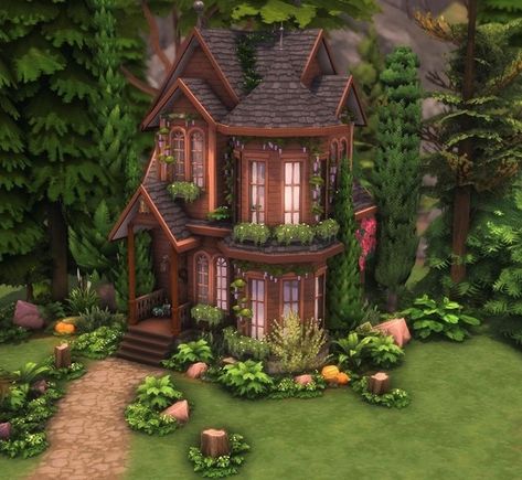 Sims Glimmerbrook House, Glimmerbrook House Sims 4, Ts4 Build Ideas, Exterior Design Bloxburg, Sims 4 Witch Cottage, Sims 4 Aesthetic House, Colonial House Exterior Design, Sims 4 Witch House, Bloxburg House Design