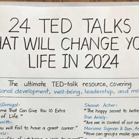 Eric Partaker on Instagram: "📌 Want to download a high-res PDF of this sheet with clickable links for all 24 talks?

Comment ‘PDF’ and I’ll send the link to your inbox.

24 TED Talks to Transform Your Life in 2024:

The Best TED collection for improving key skills covering:

- Well-being
- Leadership
- Personal development

You’ll even get a dose of humor.

1) Jane McGonigal: The Game That Can Give You 10 Extra Years of Life

2) Larry Smith: Why you will fail to have a great career

3) Dan Harris: The benefits of not being a jerk to yourself

4) Kelly McGonigal: How to make stress your friend

5) Susan Cain: The power of introverts

6) Amy Cuddy: Your body language may shape who you are

7) Elizabeth Gilbert: Your elusive creative genius

8) Tim Urban: Inside the mind of a master procrast Best Ted Talks For Self Improvement, Tim Urban, Kelly Mcgonigal, Amy Cuddy, Power Of Introverts, Ted Videos, The Power Of Introverts, Larry Smith, Susan Cain