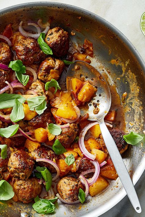 Skillet Meatballs With Peaches, Basil and Lime Recipe - NYT Cooking Skillet Meatballs, Savory Meatballs, Lime Recipes, Nyt Cooking, Cooking Guide, Most Popular Recipes, Popular Recipes, Everyday Food, Skillet