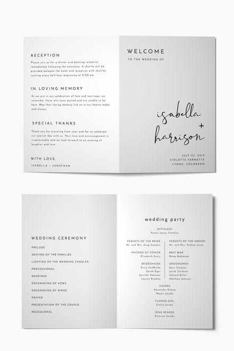 "This DIY PRINTABLE foldable wedding program template features a handwritten font and a modern minimalist design. Use this template to edit the fonts, font color, and background color to match your event needs. This template can be accessed through TEMPLETT.COM; an online editor where you can edit without downloading any additional software or fonts. You will receive an email from TEMPLETT.COM just moments after purchase to edit your template. Download and print at home or with a professional se Wedding Program Examples, Ceremony Program Template, Modern Wedding Program, Wedding Envelope Calligraphy, Low Cost Wedding, Wedding Ceremony Programs, Wedding Programs Template, Calligraphy Wedding, Ceremony Programs