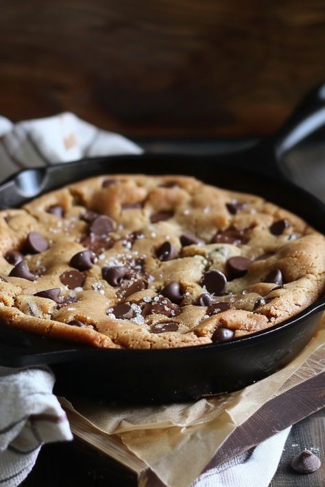 Chocolate chip cookie baked in a cast iron skillet. Single Serve Cookie Skillet, Cookie Skillet Recipe, Chocolate Chip Cookie Skillet, Single Serve Cookie, Small Cast Iron Skillet, Chocolate Chip Skillet Cookie, Skillet Cookie Recipe, Batch Meals, Skillet Desserts