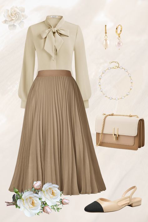 Quiet luxary classy and elegant neutral outfit inspiration. Being effortlessly chic, this look combines soft tones and clean lines for a timeless look. Understated Luxury Aesthetic, Sofisticated Outfits For Women Chic, Ethereal Casual Outfit, Two Tone Dresses, Neutral Tones Outfit, Elegant Dresses Classy Chic, Neutral Tone Outfits, Modest Church Outfits, Pastel Dresses