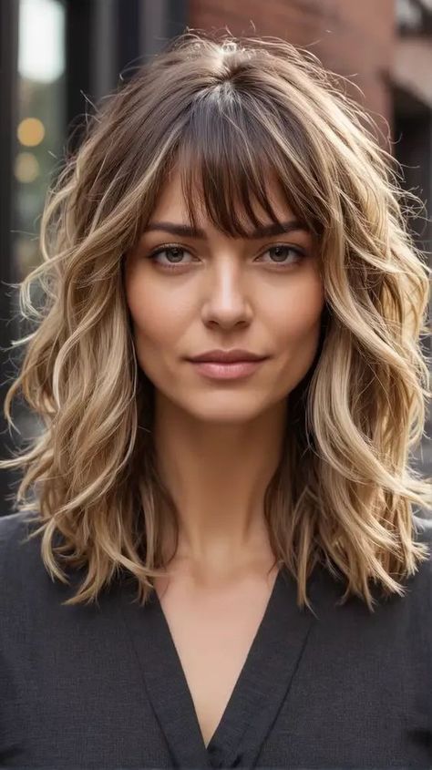 Swoop Bangs Curly Hair, Soft Waves With Bangs, Hair Styles Mid Length Layers, Hairstyles For Medium Length Hair With Fringe, Shaggy With Bangs Mid Length, Waved Hair With Bangs, Fringes For Oval Faces, Mid Length Haircut With Bangs And Layers, Medium Hair With Fringe Bangs