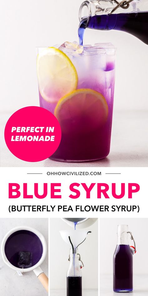 Blue Pea Lemonade, Flower Syrup Recipe, Flower Syrup, Summer Tea Recipes, Flavored Iced Tea Recipes, Iced Tea Recipes Homemade, Pea Flower Tea, Hot Tea Recipes, Flower Recipes