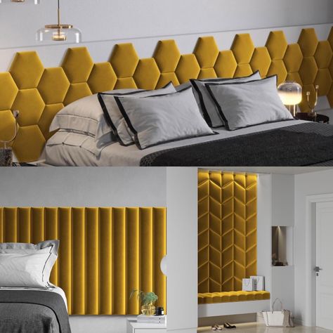 Yellow Headboard, Wall Cushion, Bathroom 2023, Fabric Wall Panels, Bee Nursery, Upholstered Wall Panels, Furniture Dresser, Hotel Lobby Design, Upholstered Walls