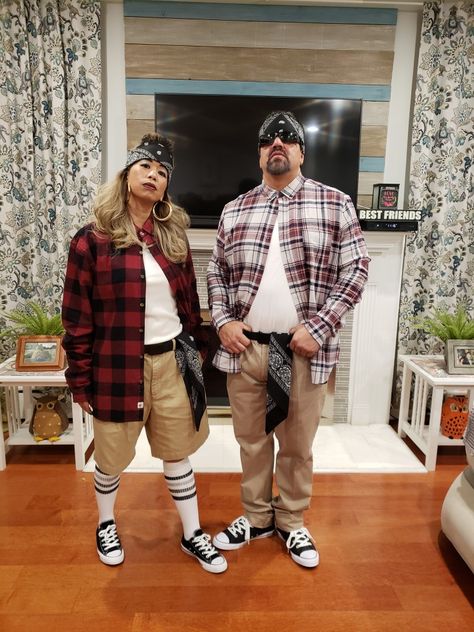 DIY Chulo and Chula Halloween couple costume Gangsta Party Outfit, Cholo Couple Costume, Mexican Halloween Costume Couple, Cholo Halloween Costume, Chola Halloween Costumes, Chola Costume Ideas, Cholo Party Outfit, Cholo Couple Photoshoot, Chulo Outfits