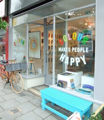 Colour Makes People Happy | London Shop Window Art, Kids Art Studio, Design Studio Workspace, Blue Bench, Art Studio Design, Display Furniture, Shop Fronts, Shop Window Displays, Coffee Design