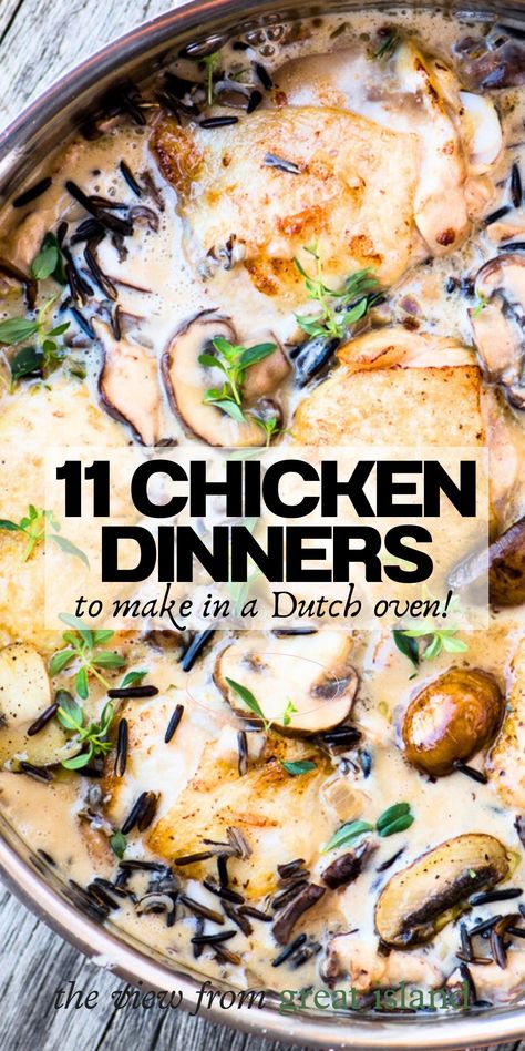 Dutch oven chicken recipes from creamy Olive Garden copycat Tuscan chicken to cheesy chicken parm meatballs ~ one pot meals everybody loves! 6 Quart Dutch Oven Recipes, Get Your Man Chicken, Chicken Drumstick Recipes Dutch Oven, Mediterranean Dutch Oven Recipes, Dutch Oven Gluten Free Recipes, Things To Make In A Dutch Oven, 2 Quart Dutch Oven Recipes, Dutch Oven Chicken Thigh Recipes, Chicken Breast Dutch Oven