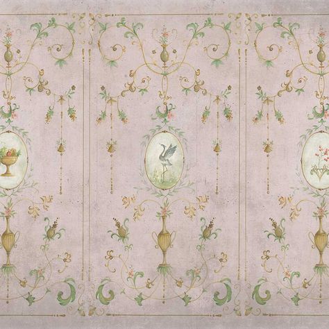 A stunning French style panel design each with a central motif and elegant detail. Shown in the rose pink toned colourway. Supplied as 8 lengths on a single roll. Design does not have a repeating image. Pink Chinoiserie Wallpaper, Rose Mural, Dreamy Furniture, Chanel Decor, French Wallpaper, Wallpaper Rose, Dining Room Wallpaper, Victorian Wallpaper, Mini Wall