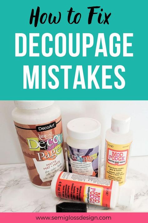 Learn how to fix decoupage problems, like bubbles, wrinkles, streaks and tackiness. Don't panic! These common decoupage mistakes can be easily fixed. #semiglossdesign #decoupage #decoupagefix #decoupagebubbles #decoupagewrinkles Mod Podge Projects, Diy Mod Podge, Decoupage Tutorial, Decoupage Decor, Mod Podge Crafts, Decoupage Glue, Decoupage Diy, Decoupage Furniture, School Glue