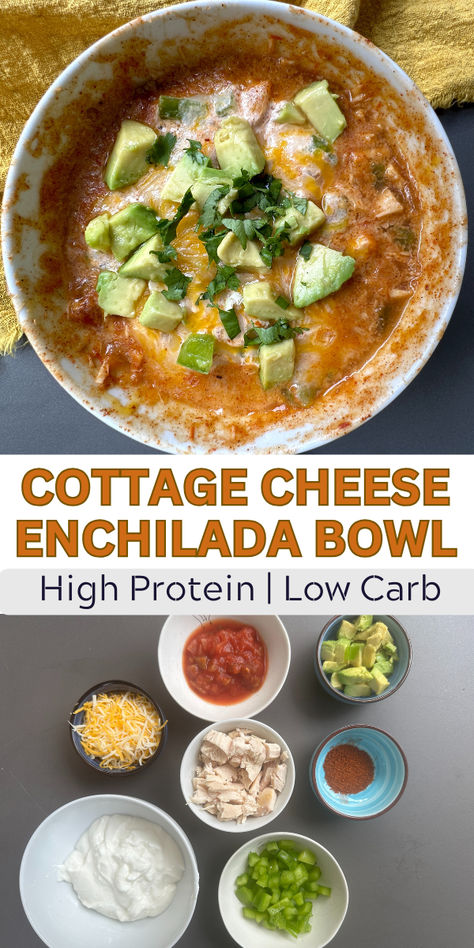 Cottage cheese enchilada bowl topped with cheese and avocado plus an image of the ingredient in bowls Quick Dinner Ideas For One Person, Low To No Carb Meals, Baratic Soft Foods, Gluten Free Lunch Prep, Fast High Protein Lunch, Philly Cheese Steak In A Bowl, Cottage Cheese Chicken Enchiladas, Easy Low Carb Low Calorie Meals, 300 Calorie High Protein Meals