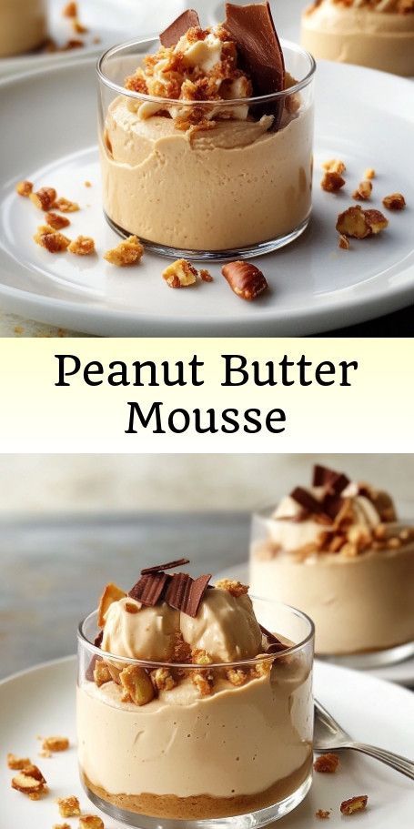 "Peanut Butter Mousse Delight Recipe - Easy, Creamy, and Indulgent!" Indulge in the creamy and rich flavor of this Peanut Butter Mousse Delight, a perfect blend of simplicity and decadence. With just five ingredients, this dessert is an easy-to-make treat that will satisfy your sweet tooth and impress your guests. #PeanutButterLovers #MousseMagic #EasyDesserts #SweetToothSatisfier #NoBakeDelight #WhippedCreamDream #FluffyGoodness #DessertIdeas #SimpleJoy" Peanut Butter Mousse Brownie Cups, Butterscotch Mousse Recipe, Easy Mousse Dessert Recipes, Peanut Butter Mouse Cake, Easy Peanut Butter Mousse, Peanut Butter Trifle Desserts, Peanut Butter Mouse Cake Filling, Peanut Butter Parfait Dessert, Banana Mousse Recipe