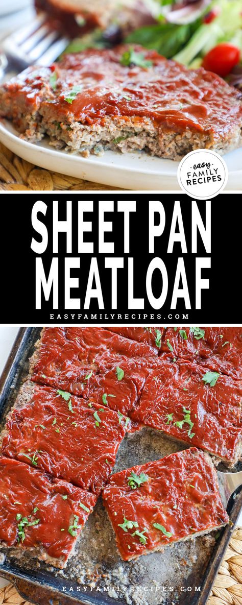 BEST Easy Dinner for family! This Sheet Pan Meatloaf recipe is like meatloaf but better! The meatloaf cooks in half the time, and you get more flavorful saucy topping in every bite! This method is so genius because it cooks fast, and stays so tender and juicy! This is the perfect southern meatloaf recipe!! Meatloaf Sheetpan Dinner, Easy Healthy Sheet Pan Dinner Recipes For Family, Meatloaf In A Pan, Protein Sheet Pan Meals, Hamburger Sheet Pan Dinners, Sheet Pan Hamburgers, Beef Sheet Pan Dinner, Ground Beef Sheet Pan Dinners, Southern Meatloaf Recipes