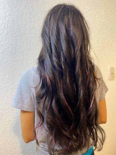 Glitter Hair Strands, Edc Hair, Brunette Aesthetic, Track Hairstyles, Hair Tinsel, Bridal Hair Inspiration, Fairy Hair, Hippie Hair, Birthday Hair