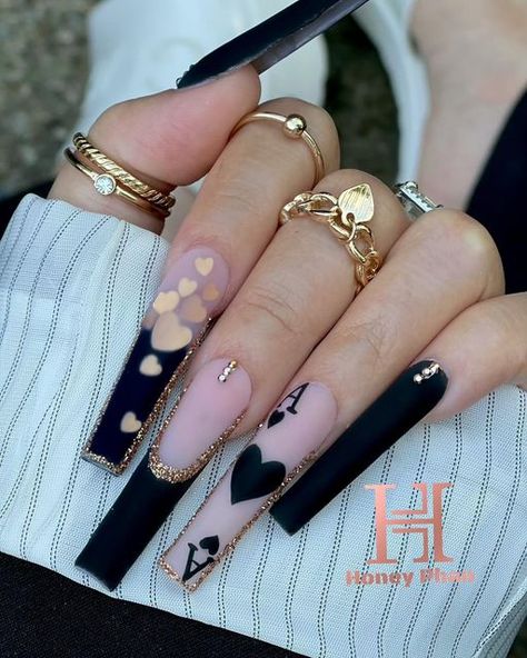 Honey Phan on Instagram: "🖤🖤Happy Friday🖤🖤 🛍Enjoy your Labor Day SALE NOW ON OUR WEBSITE 🛍 ***Asked your local Nail Supplier for our Products*** Products used: Diamond Disco Gel 2, Pro Cover 6, HP002, linework brush, mettalic hearts and matte topcoat @honeysnailsecret Other Products used: XxL non C-Curve coffin tips, Acrylic Brush #16, EMA monomers. Available for purchased at location: 1. Honey Nail Supply 6676 Arlington Blvd Falls Church VA 22042 2. For pick up ONLY 2200 Norcross Pwk #245 Fake Acrylic Nails, Special Nails, Coffin Press On Nails, Long Acrylic Nails Coffin, Nail Art Kit, Nail Arts, Manicure E Pedicure, Valentine's Day Nails, Best Acrylic Nails