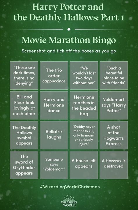 Harry Potter Bingo, Harry Potter Movie Marathon, Harry Potter Party Games, Harry Potter Marathon, Harry Potter Movie, The Hallow, Movie Marathon, Harry Potter Party, Harry Potter Movies