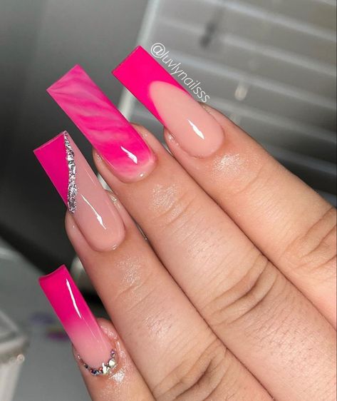 Pink French Tip Nails Acrylics Long With Designs, Barbie Pink Acrylic Nails Square, Fuschia Acrylic Nails, Neon Pink Acrylic Nails Designs, Pink Birthday Nails Acrylic Medium, Nail Designs Neon Colors, Hot Pink Nails With Design Neon, Barbie Pink Acrylic Nails Designs, Neon Pink Acrylics