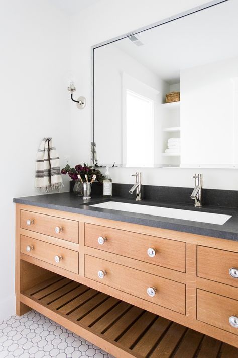 Pros & Cons: Bathroom Sink Styles - Studio McGee Trough Sink Bathroom, Studio Mcgee Bathroom, Modern Vintage Bathroom, Dark Counters, Dark Countertops, Room Dark, Trough Sink, Upstairs Bathrooms, Boys Bathroom