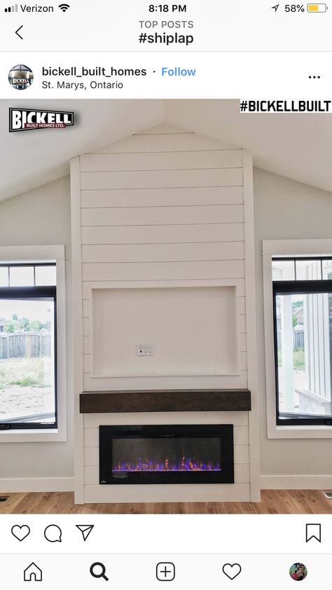 Shiplap Fireplace With Recessed Tv, Tv Wall Between Two Doors, Tv Wall Design Between Two Windows, Living Room Tv Wall With Windows, Electric Fireplace Between Windows, Electric Fireplace Ideas With Tv Between Windows, Fireplace Between Two Windows With Tv, Fireplace Enclosure Ideas, Fireplace Between Doors