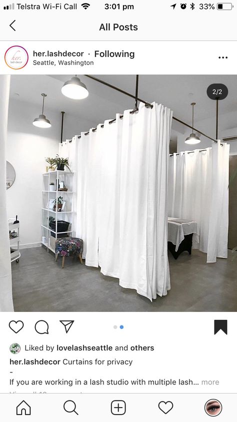 Lash Room Divider Ideas, Spa Room Curtain Divider, Salon Curtain Dividers, Spa Curtain Ideas, Salon Room Divider Ideas, Separate Rooms With Curtains, Open Concept Lash Studio, Beauty Salon Curtains, Waxing Salon Ideas Interior Design