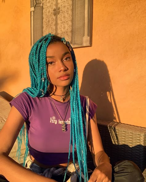 ℭ𝔞𝔫𝔫𝔢𝔩𝔩𝔢 👩🏽‍🎨 on Instagram: “☔️☔️☔️” Turquoise Braids, Turquoise Hair Color, Colored Box Braids, Kanekalon Braiding Hair, Afro Braids, Colored Braids, Turquoise Hair, Hair Color Shades, Box Braids Styling