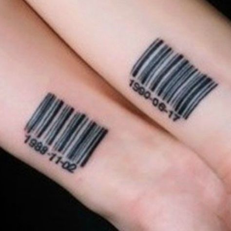 Small tattoo, Couples tattoo, Barcode tattoo Double Tattoo, Barcode Tattoo, Barcode Design, Fair Skin Tone, Medium Skin Tone, Tattoo Work, Mom Tattoos, Word Tattoos, Fair Skin