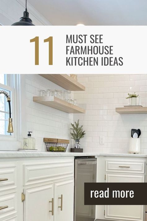 white kitchen cabinets with gold hardware, stainless steel appliances, floating shelving Fixer Upper Kitchen, Farmhouse Light Fixtures, Kitchen Trends, Kitchen Fixtures, Vintage Interior, Farmhouse Lighting, Kitchen On A Budget, Modern Farmhouse Kitchens, Luxury Kitchen