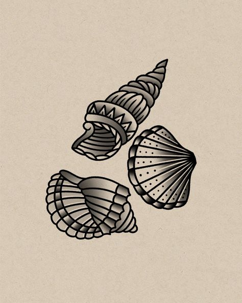 Sea Themed Traditional Tattoo, Old School Beach Tattoo, Seashell Traditional Tattoo, Old School Shell Tattoo, Shell Traditional Tattoo, American Traditional Shell Tattoo, American Traditional Seashell Tattoo, Traditional Seashell Tattoo, Traditional Shell Tattoo