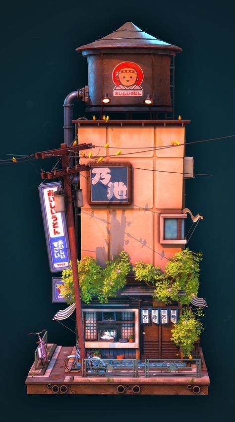 ArtStation - Stylised Ramen Shopfront Diorama, Toby Hunt Japanese Store Fronts, Japan House, Scale Art, Isometric Art, Japanese Store, Scene Art, Building Art, Lighting Setups, 3d Modelling