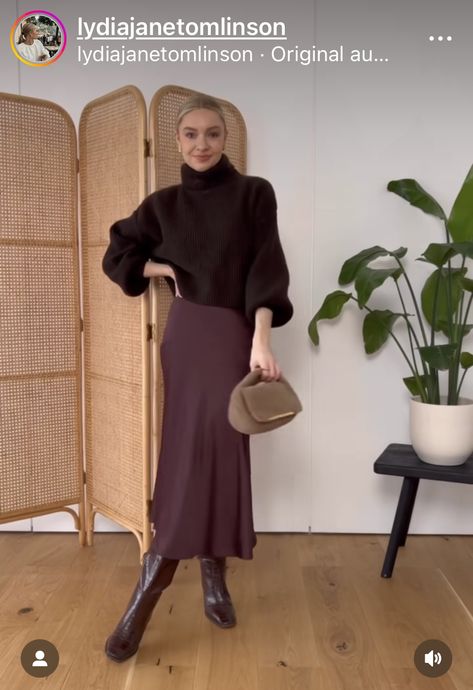 Fall 2024 Burgundy Outfits, Dark Brown Monochrome Outfit, Tan Slip Skirt Outfit, Silk Skirt And Boots, Maroon Slip Skirt Outfit, Blush Satin Skirt Outfit, Brown Satin Maxi Skirt Outfit, Brown Satin Skirt Outfit Winter, Brown Burgundy Outfit