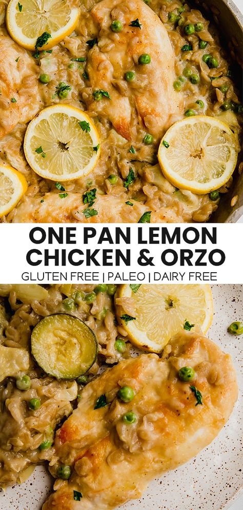 This one-pan lemon chicken with orzo is a creamy veggie-packed dish that's light and fresh. It's paleo, gluten-free, dairy-free, and AIP-friendly. Paleo Orzo Recipe, Macro Friendly Gluten Free Recipes, Dairy Free Fall Recipes Dinner, Orzo Recipes Dairy Free, Dairy Free Orzo, Lazy Paleo, Dairy Free Dinner Ideas, Dairy Free Dinner Recipes, One Pan Lemon Chicken