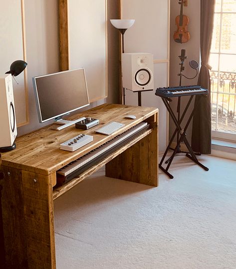 Computer desks - Chunky Studio Furniture - Built from reclaimed wood Sliding Shelf, Piano Desk, Container Cabin, Computer Desks, Sliding Shelves, Studio Desk, Studio Furniture, Music Studio, Home Design Decor