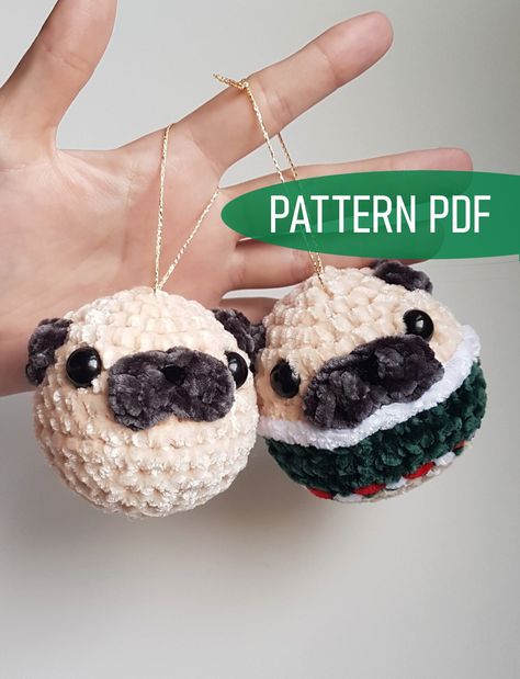 Crochet White Elephant Gift, Pug Ornaments, Dog In Sweater, Crochet Pug, Christmas Tree Applique, Ornament Crochet Pattern, Crochet Dogs, Tree Applique, Ornament Crochet